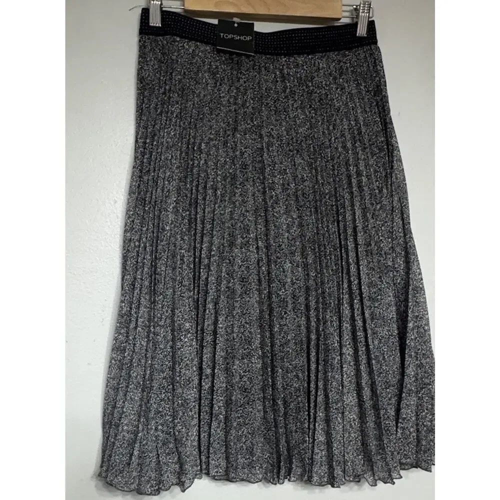 Topshop Midi Pleated Skirt Grey Women’s Size 8 Pull-On Speckled Lined NEW